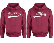 Load image into Gallery viewer, Hubby Wifey hoodie, Matching couple hoodies, Maroon pullover hoodies. Couple jogger pants and hoodies set.