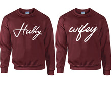 將圖片載入圖庫檢視器 Hubby Wifey couple sweatshirts. Maroon sweaters for men, sweaters for women. Sweat shirt. Matching sweatshirts for couples