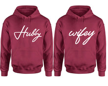 Load image into Gallery viewer, Hubby Wifey hoodie, Matching couple hoodies, Maroon pullover hoodies. Couple jogger pants and hoodies set.