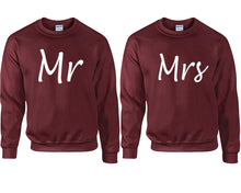 Load image into Gallery viewer, Mr and Mrs couple sweatshirts. Maroon sweaters for men, sweaters for women. Sweat shirt. Matching sweatshirts for couples