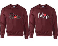 Load image into Gallery viewer, Soul and Mate couple sweatshirts. Maroon sweaters for men, sweaters for women. Sweat shirt. Matching sweatshirts for couples