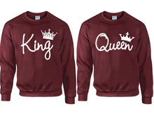 Load image into Gallery viewer, King Queen couple sweatshirts. Maroon sweaters for men, sweaters for women. Sweat shirt. Matching sweatshirts for couples