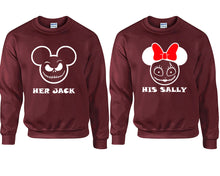 Load image into Gallery viewer, Her Jack and His Sally couple sweatshirts. Maroon sweaters for men, sweaters for women. Sweat shirt. Matching sweatshirts for couples