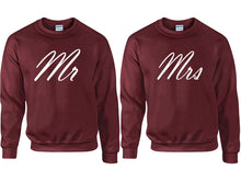 Load image into Gallery viewer, Mr and Mrs couple sweatshirts. Maroon sweaters for men, sweaters for women. Sweat shirt. Matching sweatshirts for couples