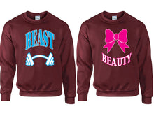 Load image into Gallery viewer, Beast Beauty couple sweatshirts. Maroon sweaters for men, sweaters for women. Sweat shirt. Matching sweatshirts for couples
