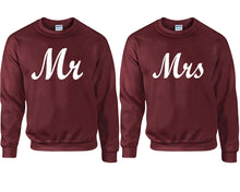 Load image into Gallery viewer, Mr and Mrs couple sweatshirts. Maroon sweaters for men, sweaters for women. Sweat shirt. Matching sweatshirts for couples