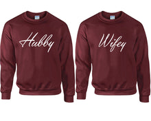 將圖片載入圖庫檢視器 Hubby and Wifey couple sweatshirts. Maroon sweaters for men, sweaters for women. Sweat shirt. Matching sweatshirts for couples