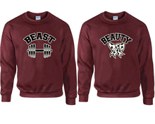 Load image into Gallery viewer, Beast and Beauty couple sweatshirts. Maroon sweaters for men, sweaters for women. Sweat shirt. Matching sweatshirts for couples