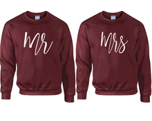 Load image into Gallery viewer, Mr and Mrs couple sweatshirts. Maroon sweaters for men, sweaters for women. Sweat shirt. Matching sweatshirts for couples