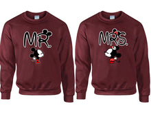 Load image into Gallery viewer, Mr Mrs couple sweatshirts. Maroon sweaters for men, sweaters for women. Sweat shirt. Matching sweatshirts for couples