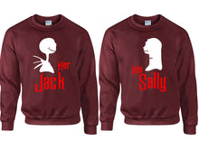 Load image into Gallery viewer, Her Jack His Sally couple sweatshirts. Maroon sweaters for men, sweaters for women. Sweat shirt. Matching sweatshirts for couples
