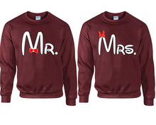 Load image into Gallery viewer, Mr Mrs couple sweatshirts. Maroon sweaters for men, sweaters for women. Sweat shirt. Matching sweatshirts for couples