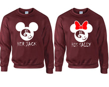 Load image into Gallery viewer, Her Jack and His Sally couple sweatshirts. Maroon sweaters for men, sweaters for women. Sweat shirt. Matching sweatshirts for couples