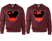 將圖片載入圖庫檢視器 Mickey and Minnie couple sweatshirts. Maroon sweaters for men, sweaters for women. Sweat shirt. Matching sweatshirts for couples