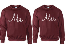 Load image into Gallery viewer, Mr and Mrs couple sweatshirts. Maroon sweaters for men, sweaters for women. Sweat shirt. Matching sweatshirts for couples