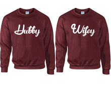 將圖片載入圖庫檢視器 Hubby and Wifey couple sweatshirts. Maroon sweaters for men, sweaters for women. Sweat shirt. Matching sweatshirts for couples