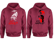 Load image into Gallery viewer, Her Joker His Harley hoodie, Matching couple hoodies, Maroon pullover hoodies. Couple jogger pants and hoodies set.