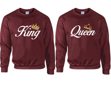 Load image into Gallery viewer, King and Queen couple sweatshirts. Maroon sweaters for men, sweaters for women. Sweat shirt. Matching sweatshirts for couples