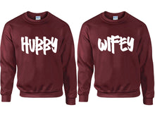 將圖片載入圖庫檢視器 Hubby and Wifey couple sweatshirts. Maroon sweaters for men, sweaters for women. Sweat shirt. Matching sweatshirts for couples