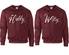 將圖片載入圖庫檢視器 Hubby and Wifey couple sweatshirts. Maroon sweaters for men, sweaters for women. Sweat shirt. Matching sweatshirts for couples