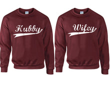 將圖片載入圖庫檢視器 Hubby Wifey couple sweatshirts. Maroon sweaters for men, sweaters for women. Sweat shirt. Matching sweatshirts for couples
