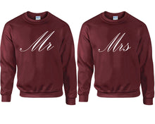 Load image into Gallery viewer, Mr and Mrs couple sweatshirts. Maroon sweaters for men, sweaters for women. Sweat shirt. Matching sweatshirts for couples