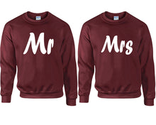 Load image into Gallery viewer, Mr and Mrs couple sweatshirts. Maroon sweaters for men, sweaters for women. Sweat shirt. Matching sweatshirts for couples