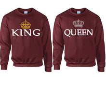 Load image into Gallery viewer, King Queen couple sweatshirts. Maroon sweaters for men, sweaters for women. Sweat shirt. Matching sweatshirts for couples