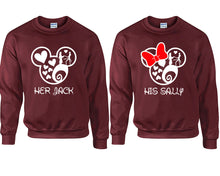 Load image into Gallery viewer, Her Jack and His Sally couple sweatshirts. Maroon sweaters for men, sweaters for women. Sweat shirt. Matching sweatshirts for couples