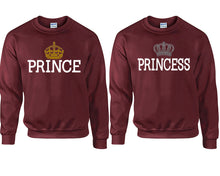 Load image into Gallery viewer, Prince Princess couple sweatshirts. Maroon sweaters for men, sweaters for women. Sweat shirt. Matching sweatshirts for couples