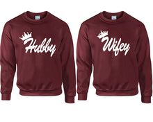 將圖片載入圖庫檢視器 Hubby and Wifey couple sweatshirts. Maroon sweaters for men, sweaters for women. Sweat shirt. Matching sweatshirts for couples