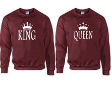 Load image into Gallery viewer, King and Queen couple sweatshirts. Maroon sweaters for men, sweaters for women. Sweat shirt. Matching sweatshirts for couples