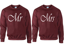 Load image into Gallery viewer, Mr and Mrs couple sweatshirts. Maroon sweaters for men, sweaters for women. Sweat shirt. Matching sweatshirts for couples