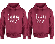 Load image into Gallery viewer, She's My Number 1 and He's My Number 1 hoodies, Matching couple hoodies, Maroon pullover hoodies