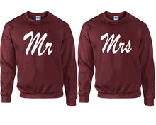 Load image into Gallery viewer, Mr and Mrs couple sweatshirts. Maroon sweaters for men, sweaters for women. Sweat shirt. Matching sweatshirts for couples