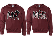 Load image into Gallery viewer, Mr Mrs couple sweatshirts. Maroon sweaters for men, sweaters for women. Sweat shirt. Matching sweatshirts for couples