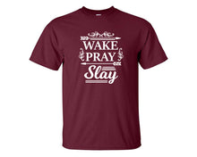 Load image into Gallery viewer, Wake Pray Slay custom t shirts, graphic tees. Maroon t shirts for men. Maroon t shirt for mens, tee shirts.