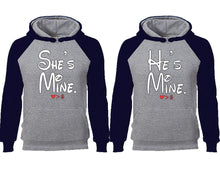 Load image into Gallery viewer, She's Mine He's Mine couple hoodies, raglan hoodie. Navy Blue Grey hoodie mens, Navy Blue Grey red hoodie womens.