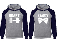 Load image into Gallery viewer, Beast Beauty couple hoodies, raglan hoodie. Navy Blue Grey hoodie mens, Navy Blue Grey red hoodie womens.