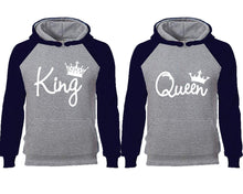 將圖片載入圖庫檢視器 King Queen couple hoodies, raglan hoodie. Navy Blue Grey hoodie mens, Navy Blue Grey red hoodie womens.