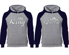 將圖片載入圖庫檢視器 King Queen couple hoodies, raglan hoodie. Navy Blue Grey hoodie mens, Navy Blue Grey red hoodie womens.