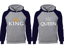 將圖片載入圖庫檢視器 King Queen couple hoodies, raglan hoodie. Navy Blue Grey hoodie mens, Navy Blue Grey red hoodie womens.