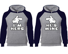 Load image into Gallery viewer, I'm Hers He's Mine couple hoodies, raglan hoodie. Navy Blue Grey hoodie mens, Navy Blue Grey red hoodie womens.