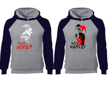 Load image into Gallery viewer, Her Joker His Harley couple hoodies, raglan hoodie. Navy Blue Grey hoodie mens, Navy Blue Grey red hoodie womens.