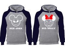 Load image into Gallery viewer, Her Jack and His Sally couple hoodies, raglan hoodie. Navy Blue Grey hoodie mens, Navy Blue Grey red hoodie womens.