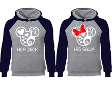 Load image into Gallery viewer, Her Jack and His Sally couple hoodies, raglan hoodie. Navy Blue Grey hoodie mens, Navy Blue Grey red hoodie womens.