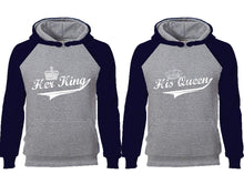 Load image into Gallery viewer, Her King His Queen couple hoodies, raglan hoodie. Navy Blue Grey hoodie mens, Navy Blue Grey red hoodie womens.