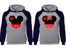 將圖片載入圖庫檢視器 Mickey Minnie couple hoodies, raglan hoodie. Navy Blue Grey hoodie mens, Navy Blue Grey red hoodie womens.