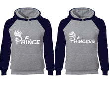 將圖片載入圖庫檢視器 Prince Princess couple hoodies, raglan hoodie. Navy Blue Grey hoodie mens, Navy Blue Grey red hoodie womens.