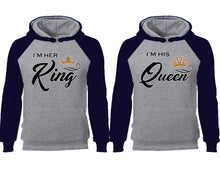 將圖片載入圖庫檢視器 King Queen couple hoodies, raglan hoodie. Navy Blue Grey hoodie mens, Navy Blue Grey red hoodie womens.